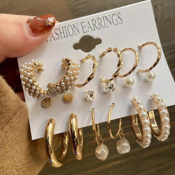 9 Stunning Gold Plated Pearl Studs and Hoop Earrings (Pack of 9)